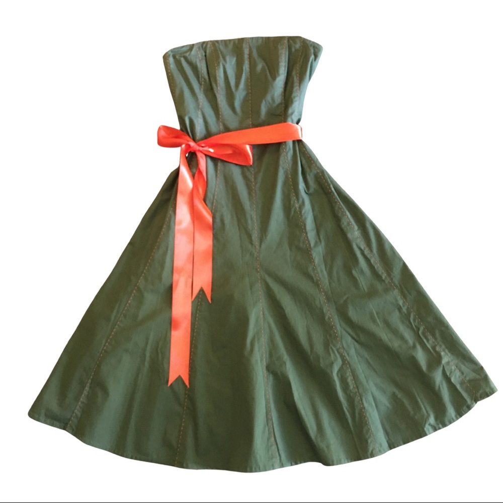 NOTICE OLIVE GREEN ORANGE STRAPLESS DRESS